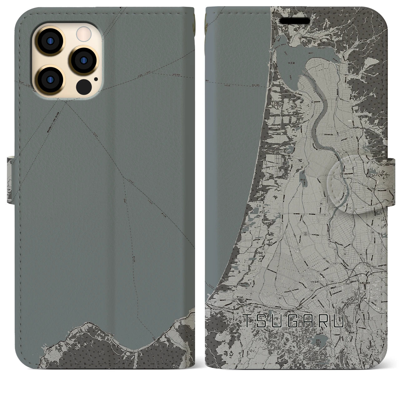 【つがる(青森県)】地図柄iPhoneケース(手帳タイプ)モノトーン・iPhone 12 Pro Max 用