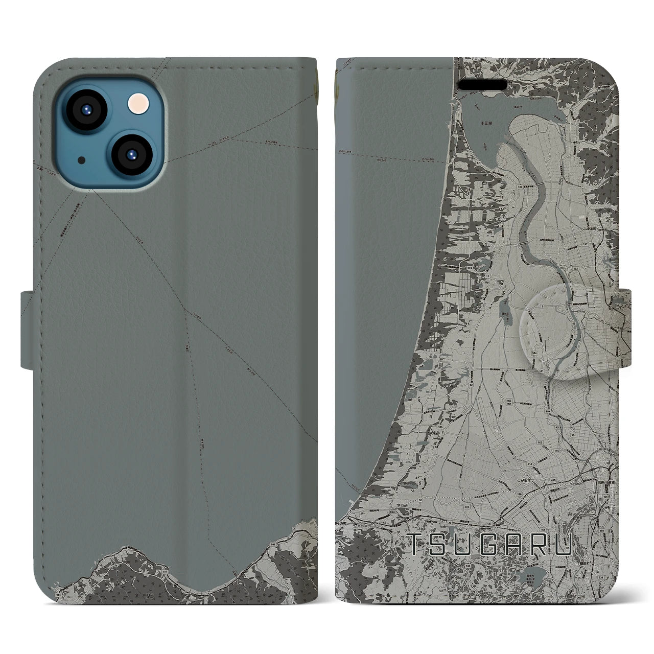 【つがる(青森県)】地図柄iPhoneケース(手帳タイプ)モノトーン・iPhone 13 用