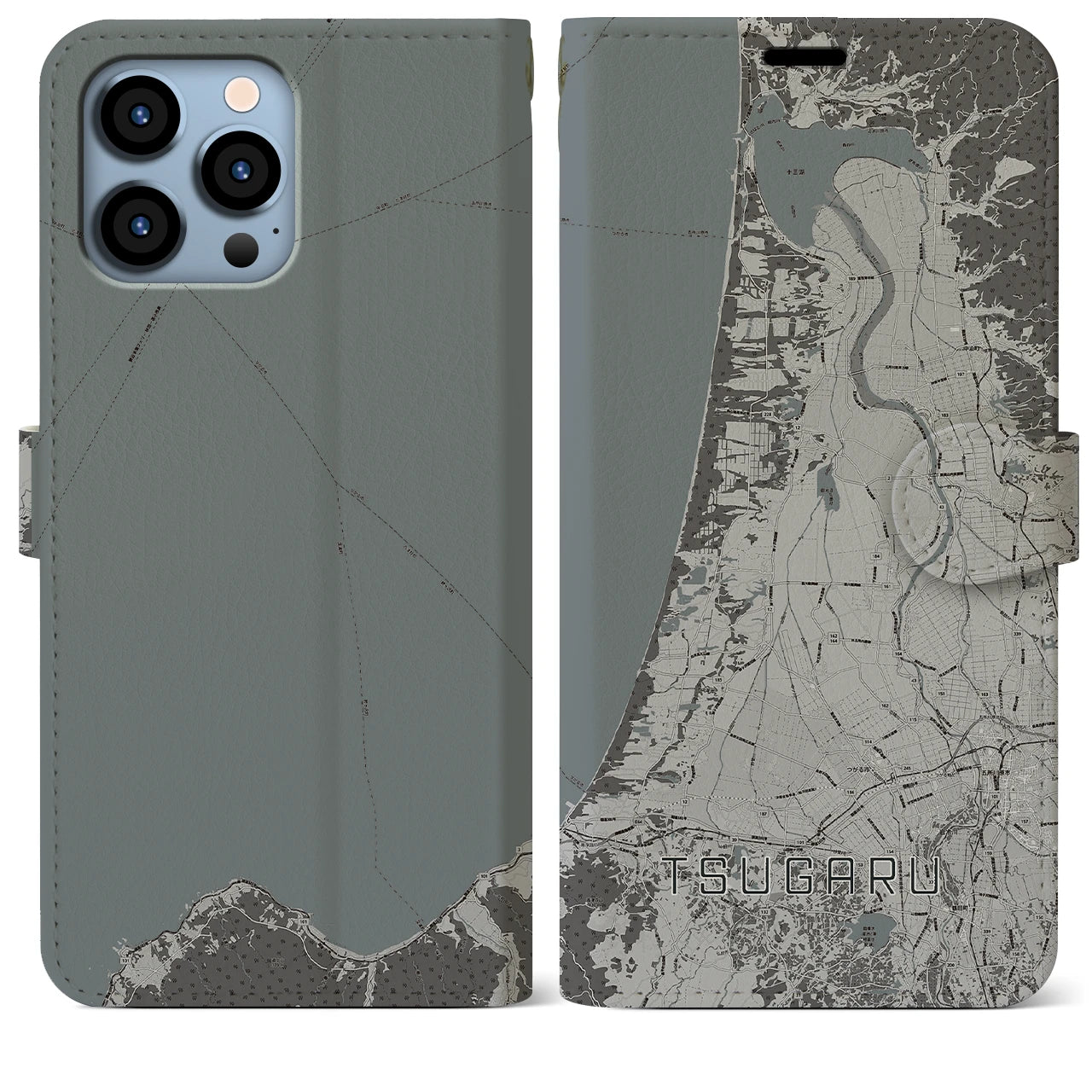 【つがる(青森県)】地図柄iPhoneケース(手帳タイプ)モノトーン・iPhone 13 Pro Max 用