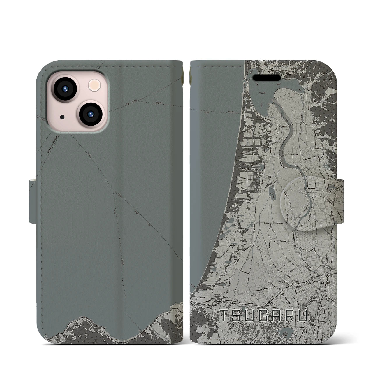 【つがる(青森県)】地図柄iPhoneケース(手帳タイプ)モノトーン・iPhone 13 mini 用