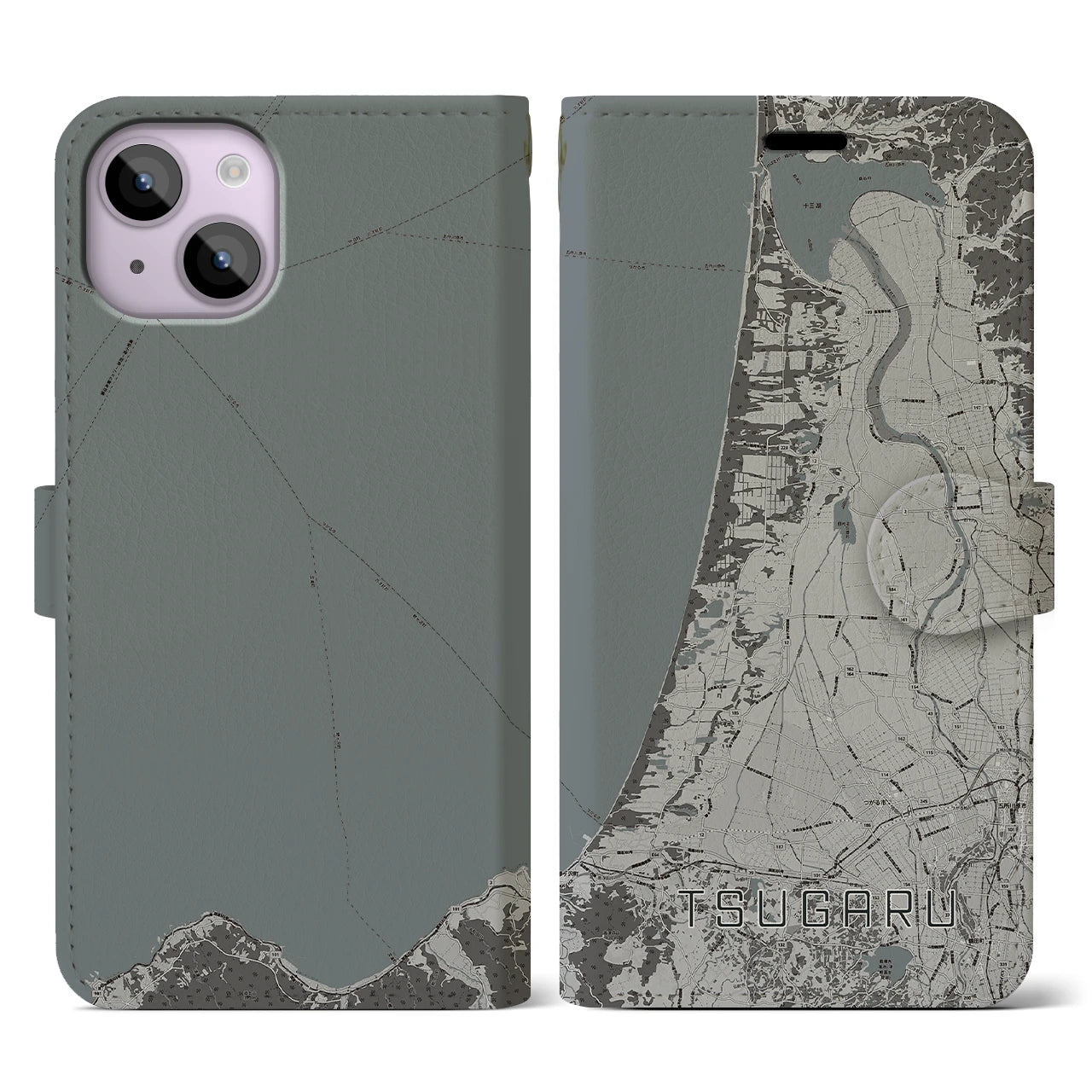 【つがる(青森県)】地図柄iPhoneケース(手帳タイプ)モノトーン・iPhone 14 用