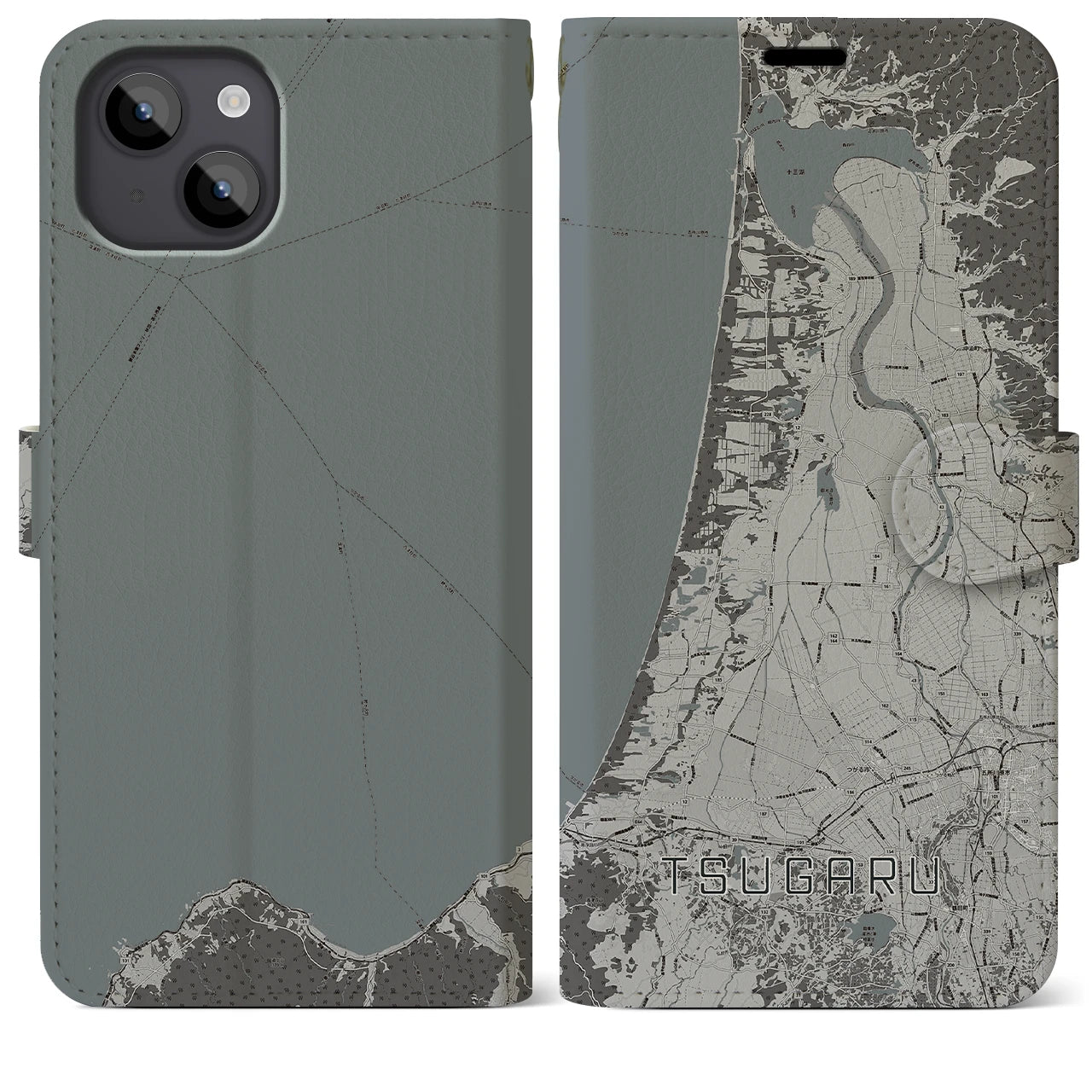 【つがる(青森県)】地図柄iPhoneケース(手帳タイプ)モノトーン・iPhone 14 Plus 用