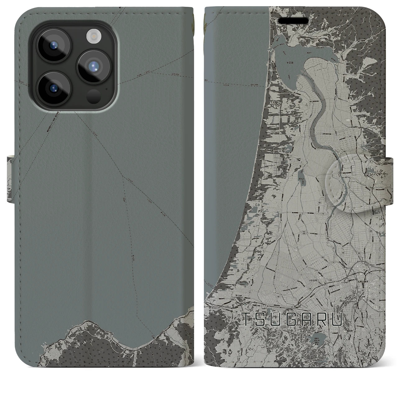 【つがる(青森県)】地図柄iPhoneケース(手帳タイプ)モノトーン・iPhone 15 Pro Max 用