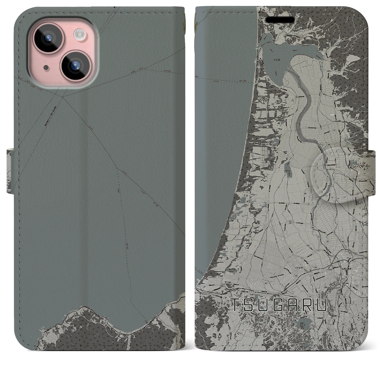 【つがる(青森県)】地図柄iPhoneケース(手帳タイプ)モノトーン・iPhone 15 Plus 用