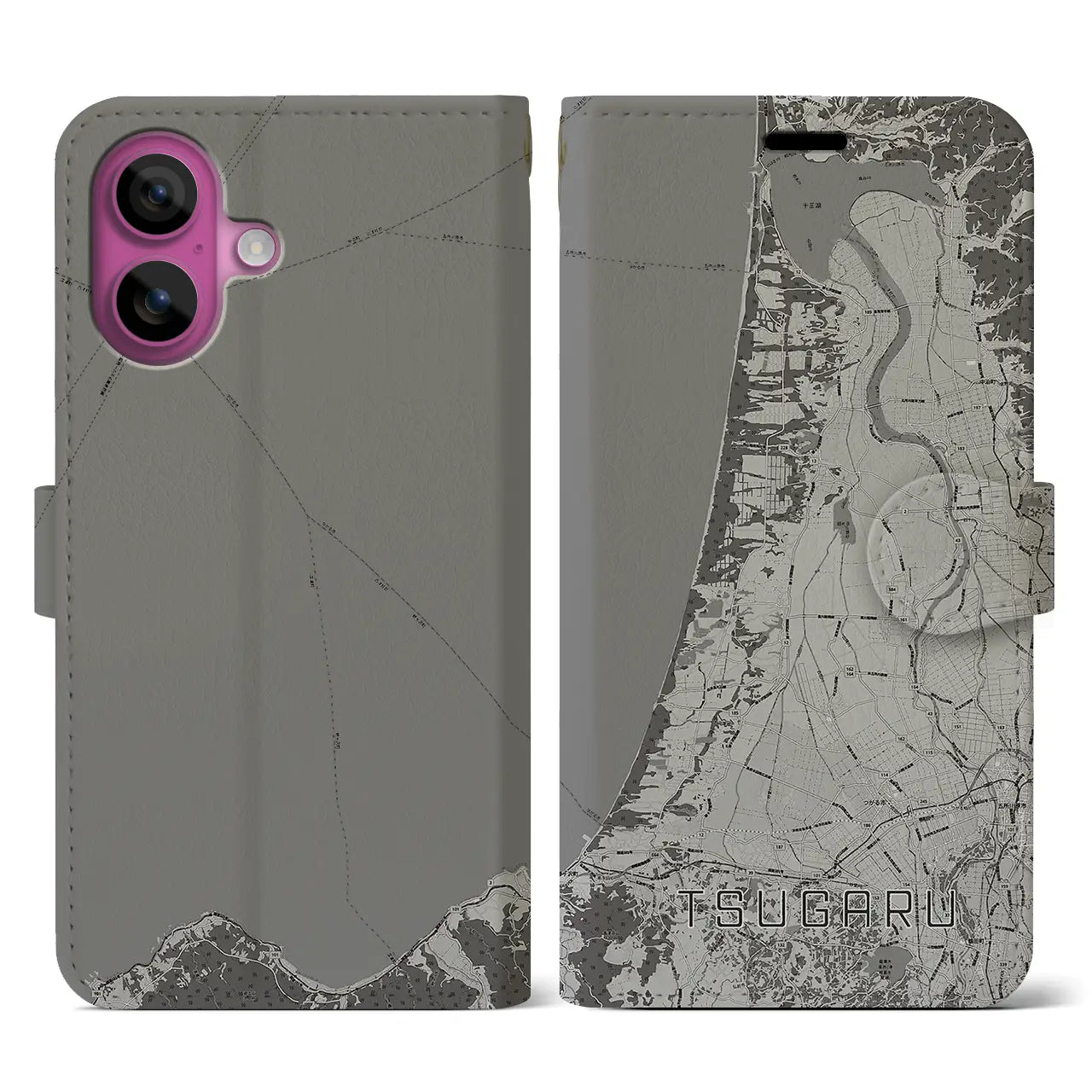 【つがる(青森県)】地図柄iPhoneケース(手帳タイプ)モノトーン・iPhone 16 Pro 用