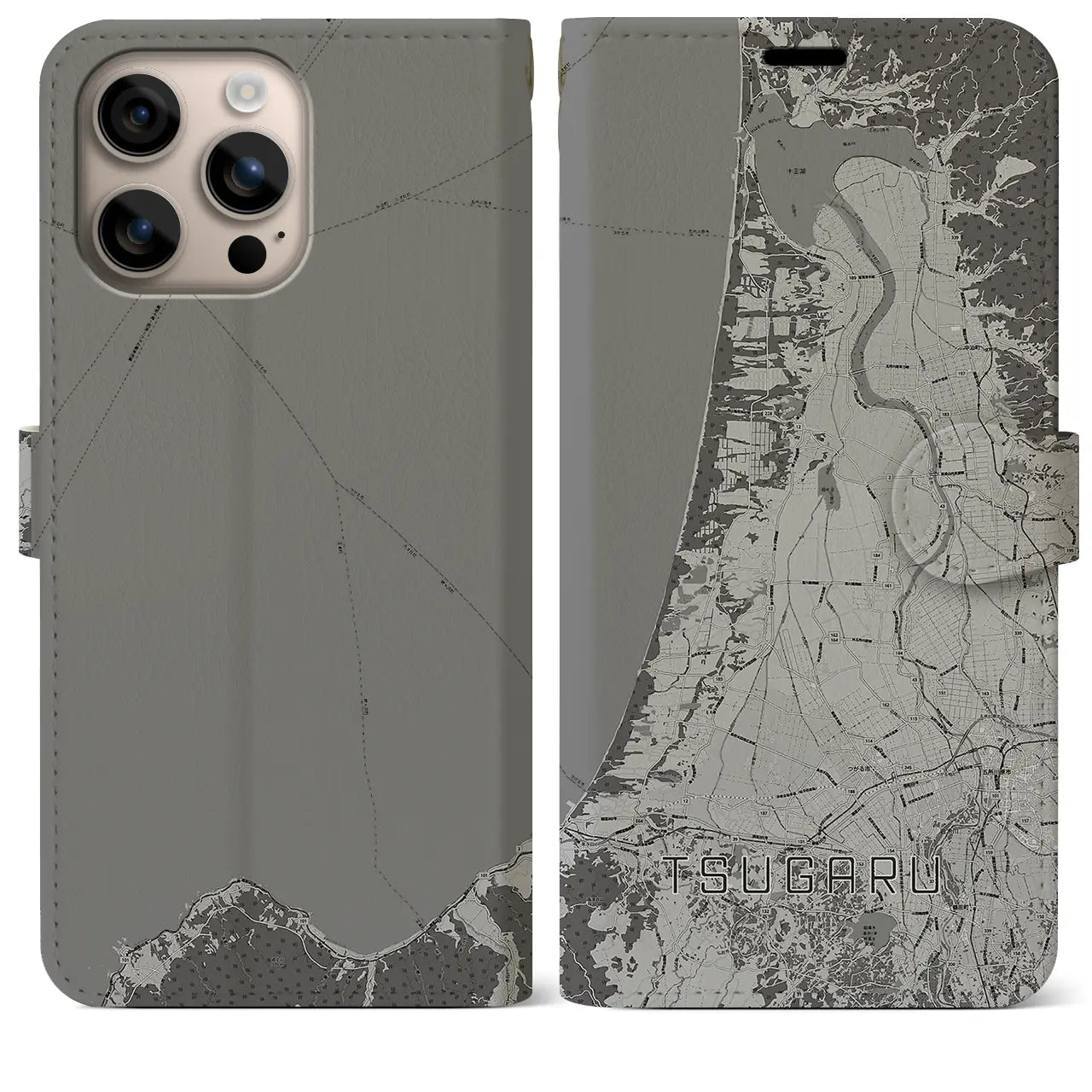 【つがる(青森県)】地図柄iPhoneケース(手帳タイプ)モノトーン・iPhone 16 Plus 用