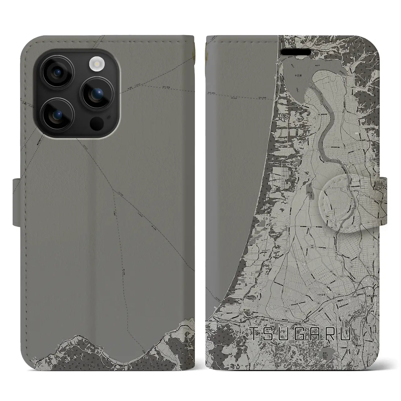 【つがる(青森県)】地図柄iPhoneケース(手帳タイプ)モノトーン・iPhone 16 用