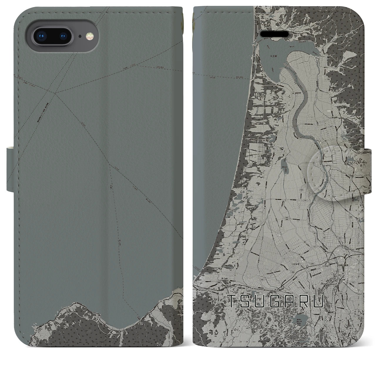 【つがる(青森県)】地図柄iPhoneケース(手帳タイプ)モノトーン・iPhone 8Plus /7Plus / 6sPlus / 6Plus 用