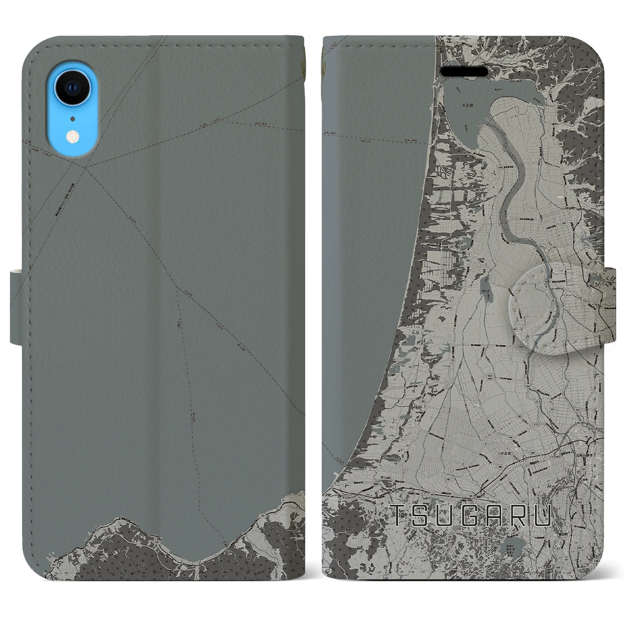 【つがる(青森県)】地図柄iPhoneケース(手帳タイプ)モノトーン・iPhone XR 用