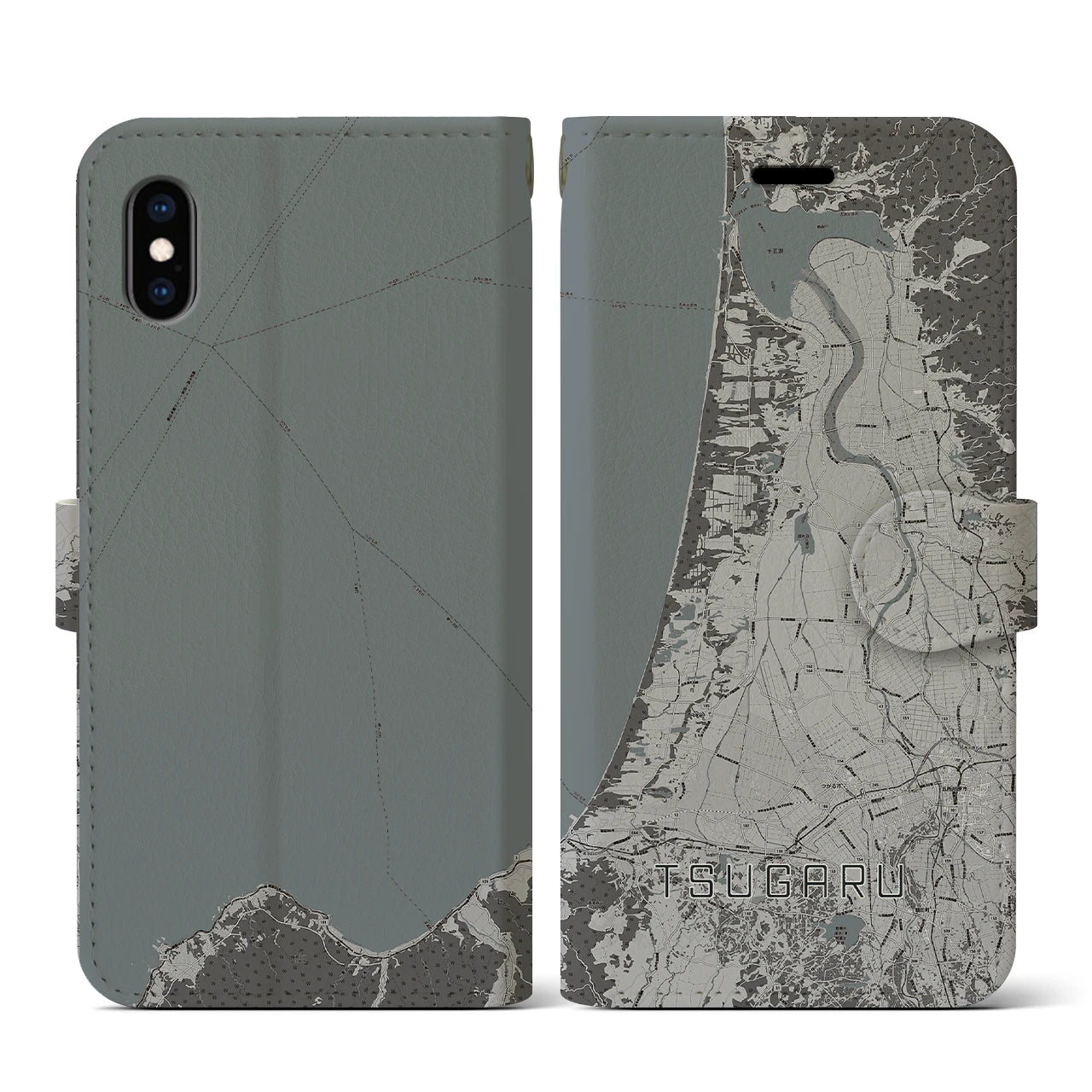 【つがる(青森県)】地図柄iPhoneケース(手帳タイプ)モノトーン・iPhone XS / X 用