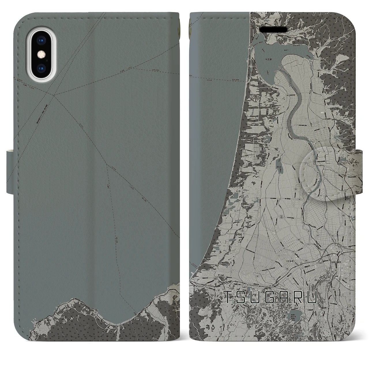【つがる(青森県)】地図柄iPhoneケース(手帳タイプ)モノトーン・iPhone XS Max 用