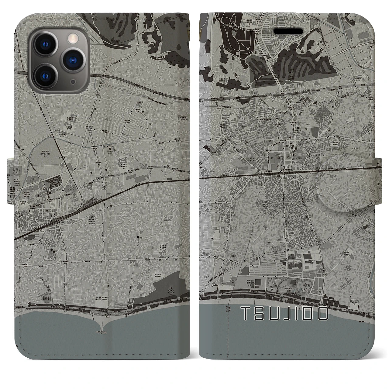 【辻堂(神奈川県)】地図柄iPhoneケース(手帳タイプ)モノトーン・iPhone 11 Pro Max 用