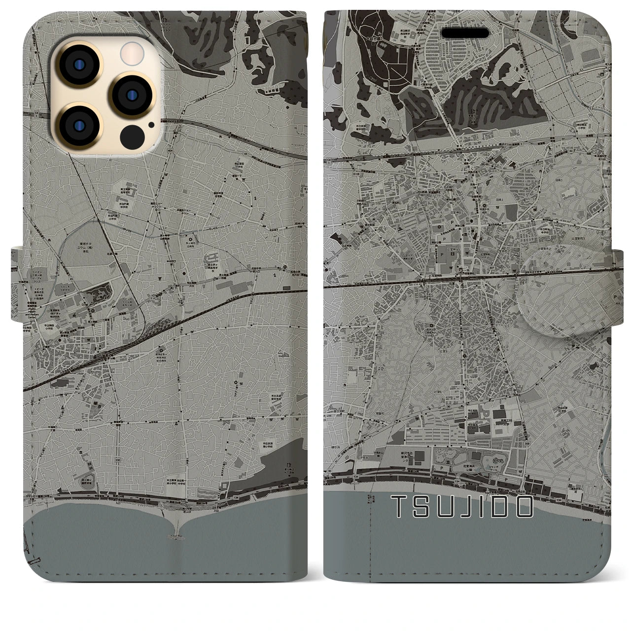 【辻堂(神奈川県)】地図柄iPhoneケース(手帳タイプ)モノトーン・iPhone 12 Pro Max 用