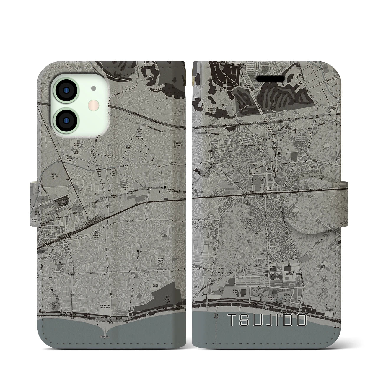 【辻堂(神奈川県)】地図柄iPhoneケース(手帳タイプ)モノトーン・iPhone 12 mini 用