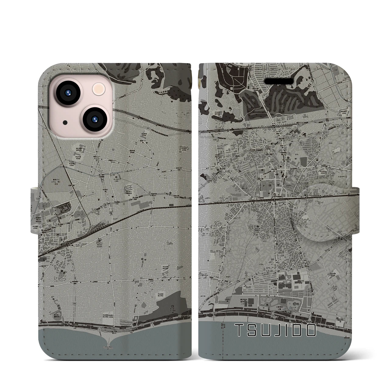 【辻堂(神奈川県)】地図柄iPhoneケース(手帳タイプ)モノトーン・iPhone 13 mini 用