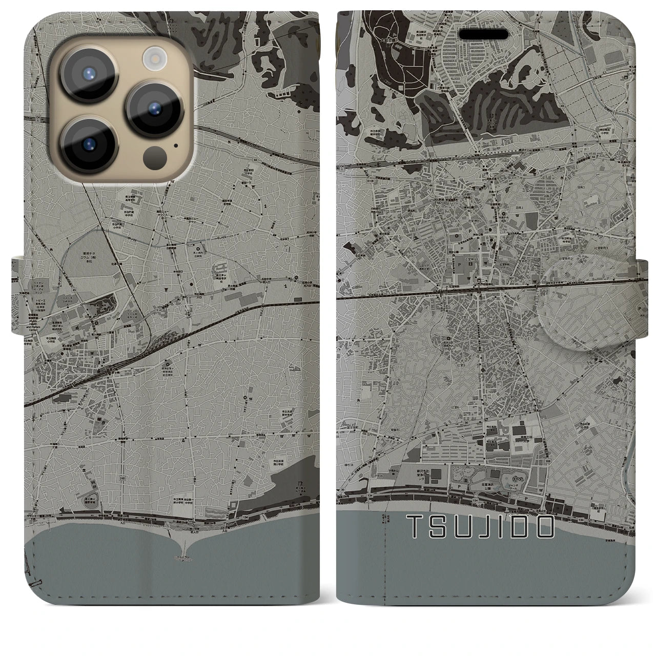 【辻堂(神奈川県)】地図柄iPhoneケース(手帳タイプ)モノトーン・iPhone 14 Pro Max 用