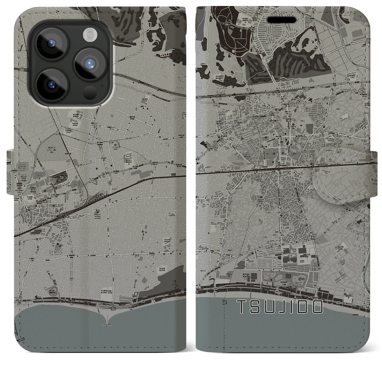 【辻堂(神奈川県)】地図柄iPhoneケース(手帳タイプ)モノトーン・iPhone 15 Pro Max 用