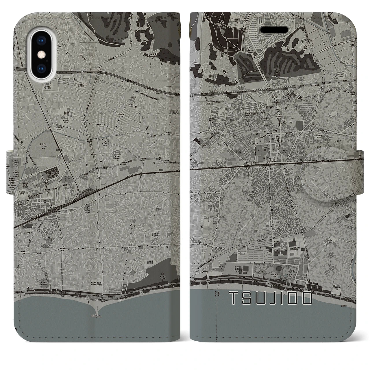 【辻堂(神奈川県)】地図柄iPhoneケース(手帳タイプ)モノトーン・iPhone XS Max 用