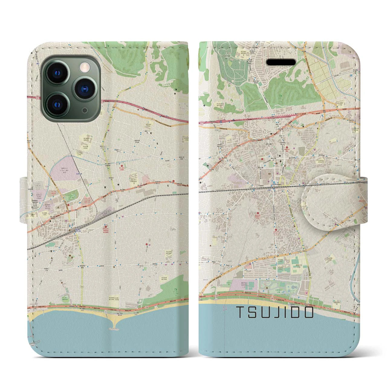 【辻堂(神奈川県)】地図柄iPhoneケース(手帳タイプ)ナチュラル・iPhone 11 Pro 用