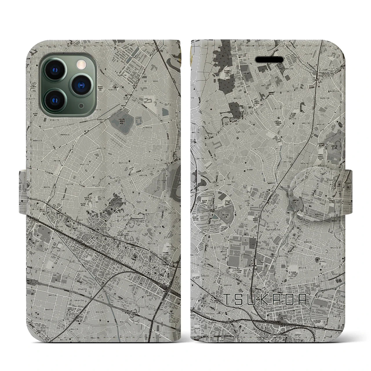 【塚田(千葉県)】地図柄iPhoneケース(手帳タイプ)モノトーン・iPhone 11 Pro 用