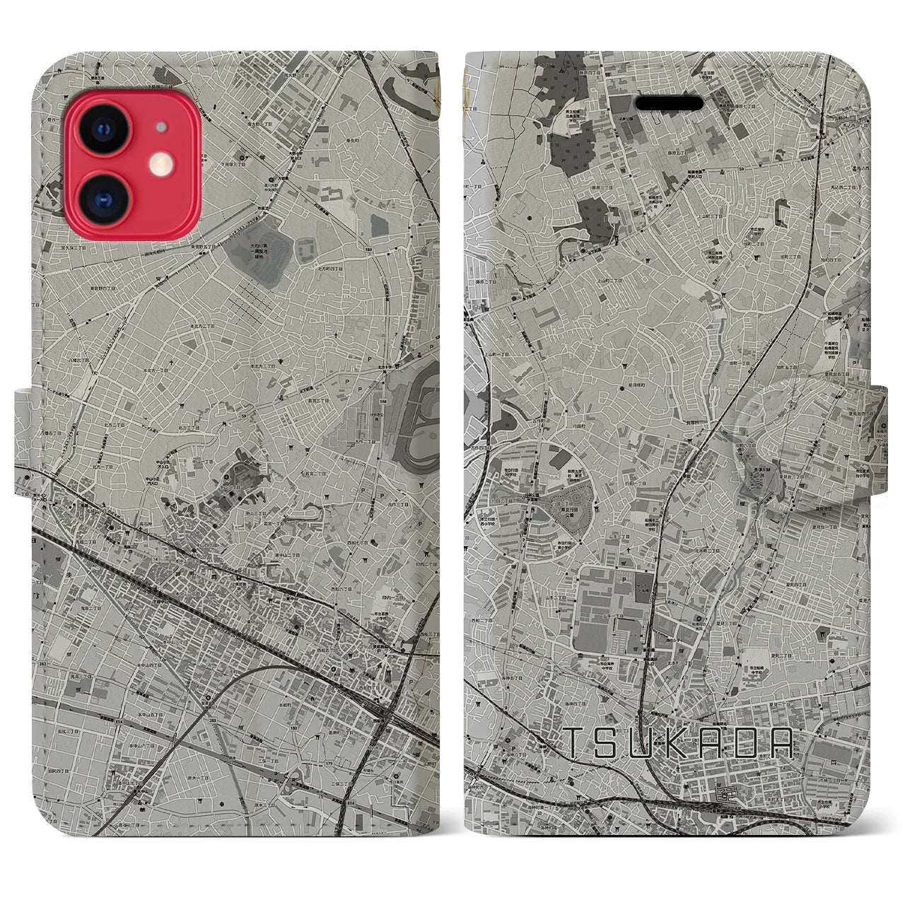 【塚田(千葉県)】地図柄iPhoneケース(手帳タイプ)モノトーン・iPhone 11 用