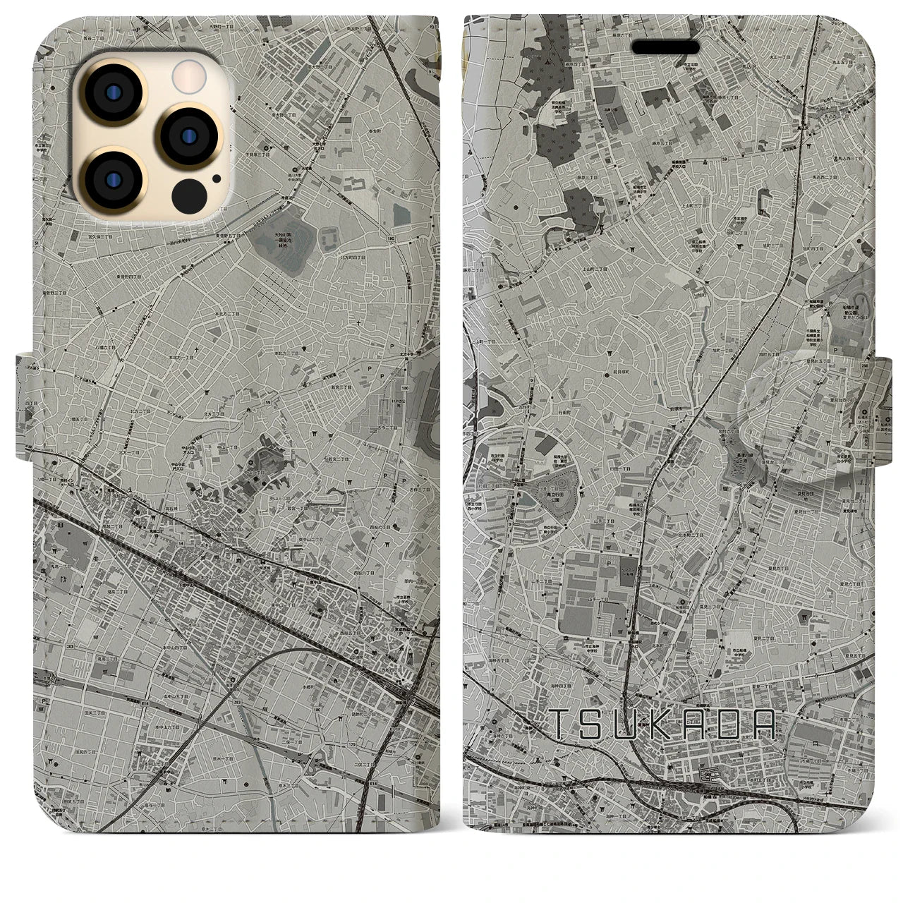 【塚田(千葉県)】地図柄iPhoneケース(手帳タイプ)モノトーン・iPhone 12 Pro Max 用