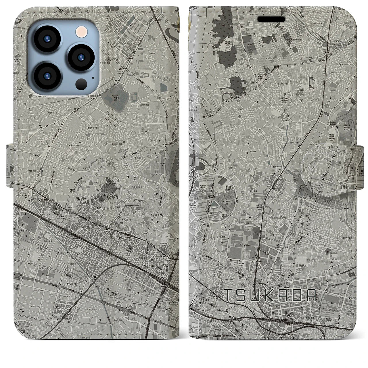【塚田(千葉県)】地図柄iPhoneケース(手帳タイプ)モノトーン・iPhone 13 Pro Max 用