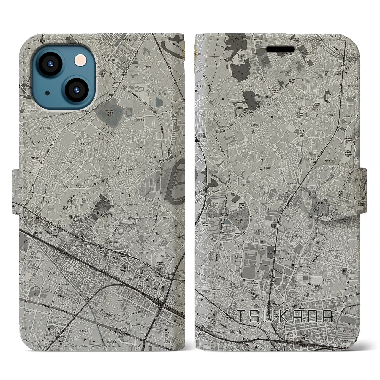 【塚田(千葉県)】地図柄iPhoneケース(手帳タイプ)モノトーン・iPhone 13 用