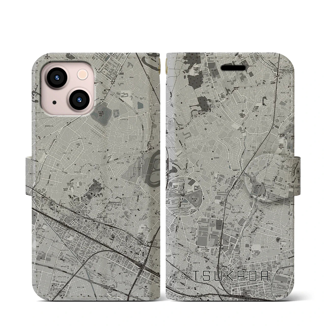 【塚田(千葉県)】地図柄iPhoneケース(手帳タイプ)モノトーン・iPhone 13 mini 用