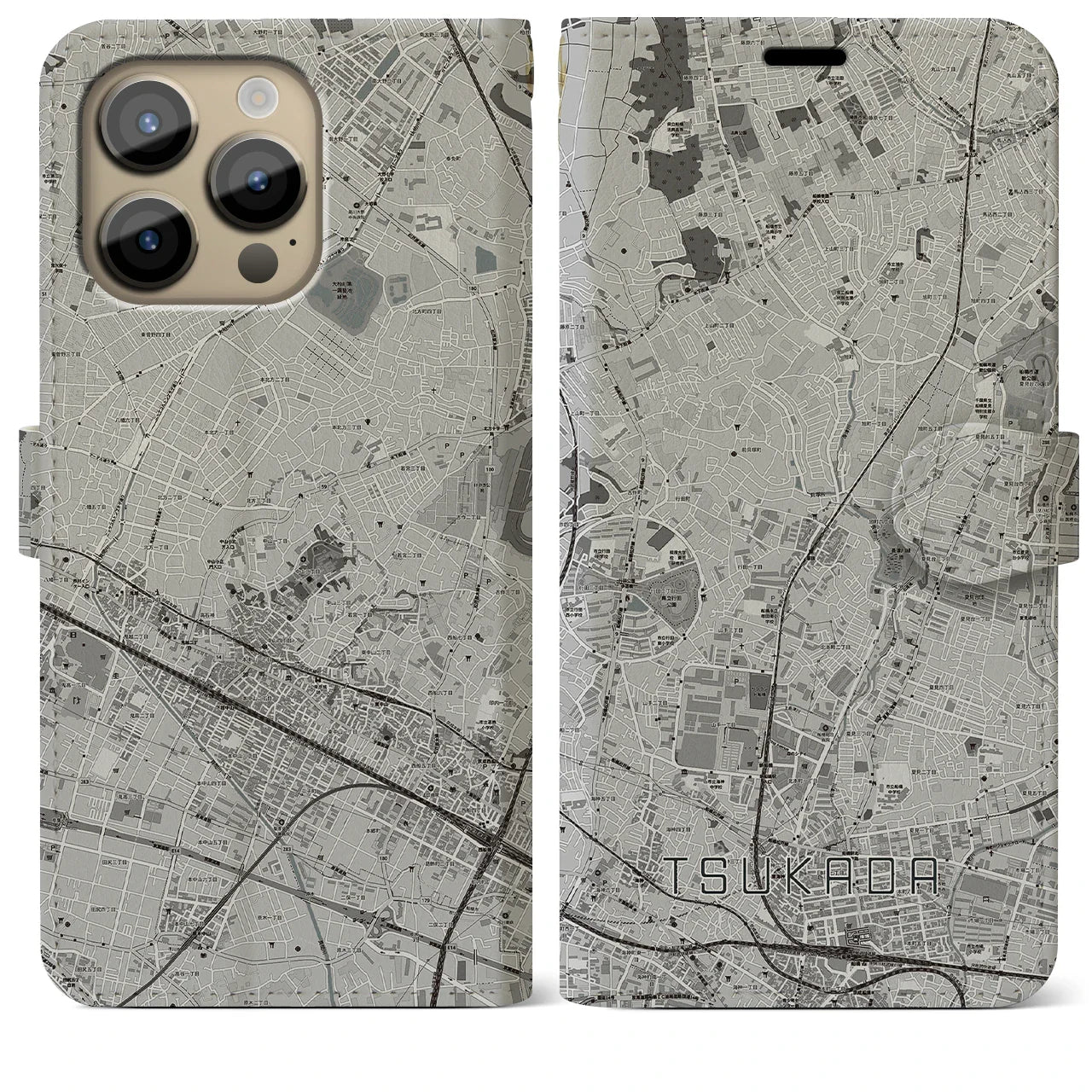 【塚田(千葉県)】地図柄iPhoneケース(手帳タイプ)モノトーン・iPhone 14 Pro Max 用