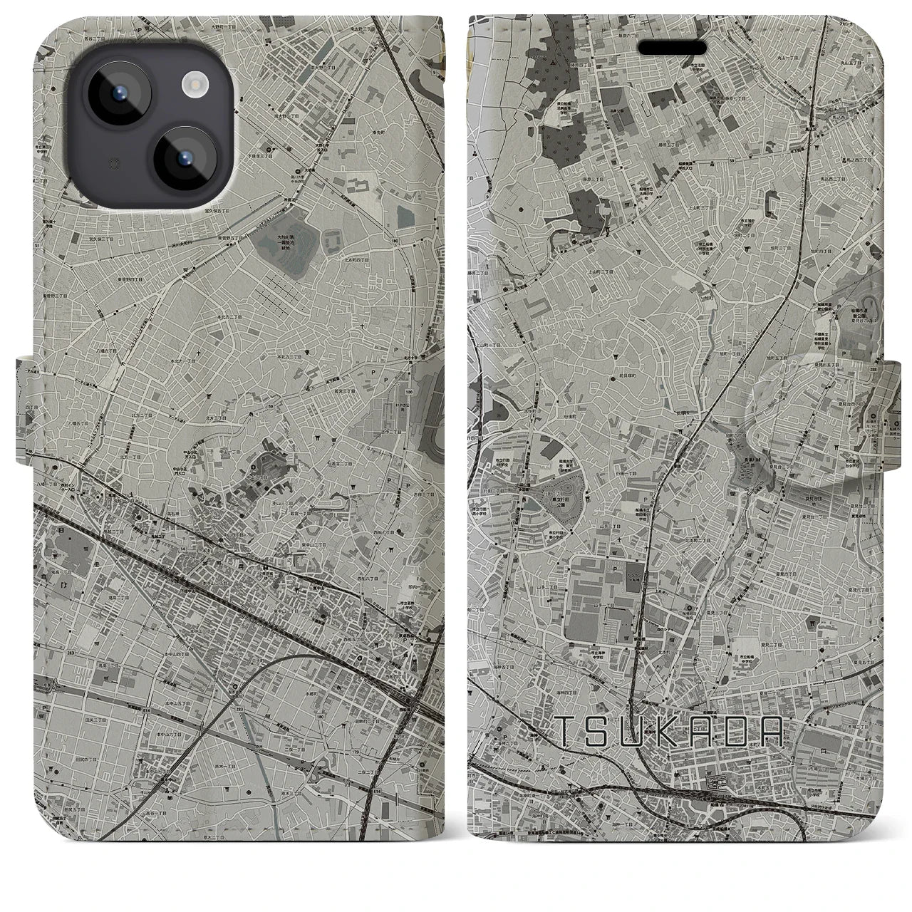 【塚田(千葉県)】地図柄iPhoneケース(手帳タイプ)モノトーン・iPhone 14 Plus 用