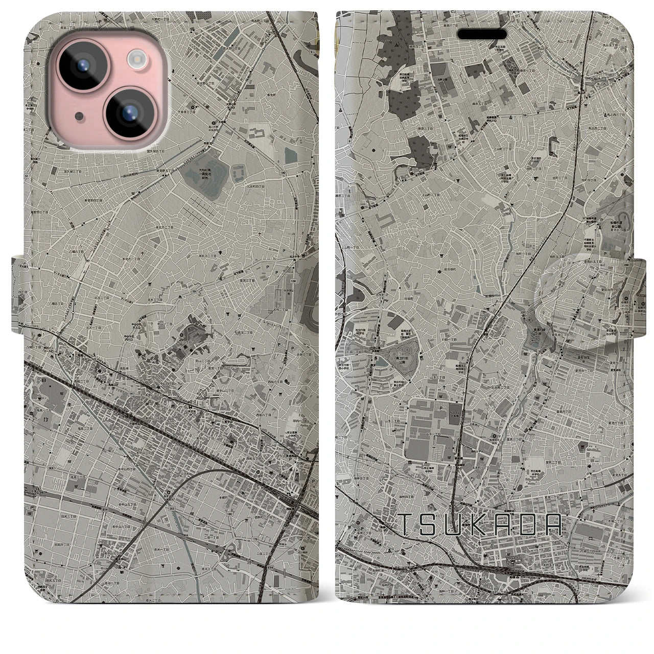 【塚田(千葉県)】地図柄iPhoneケース(手帳タイプ)モノトーン・iPhone 15 Plus 用