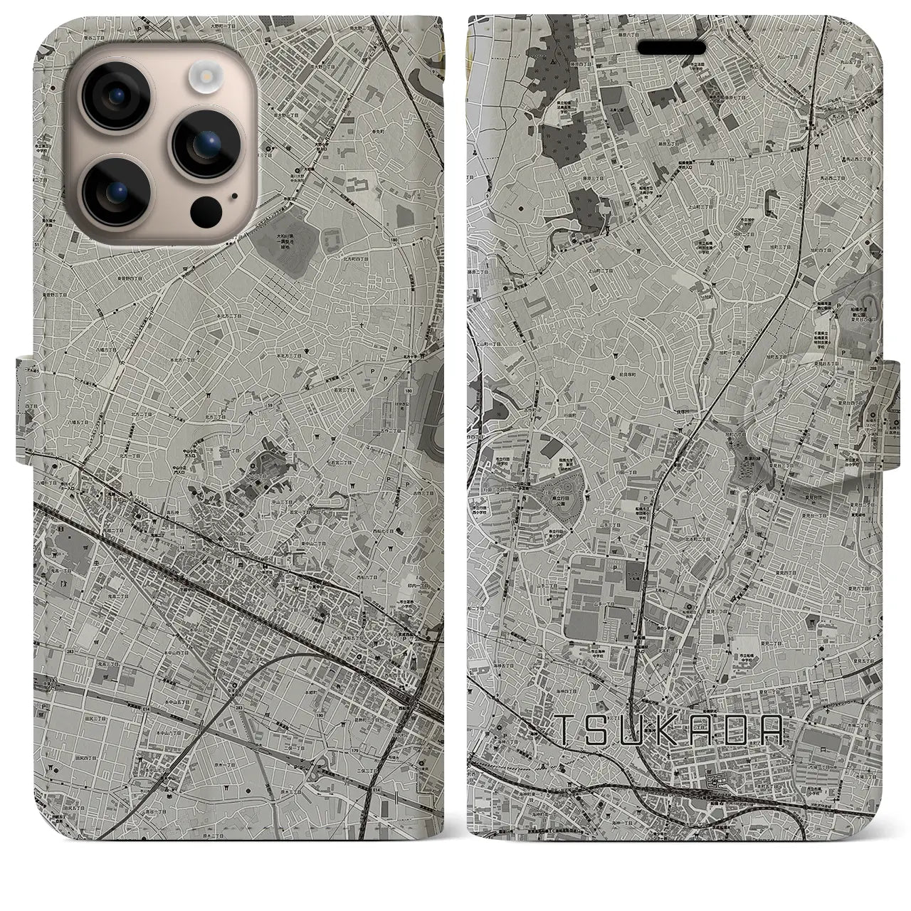 【塚田(千葉県)】地図柄iPhoneケース(手帳タイプ)モノトーン・iPhone 16 Plus 用