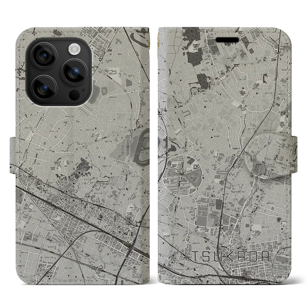 【塚田(千葉県)】地図柄iPhoneケース(手帳タイプ)モノトーン・iPhone 16 用