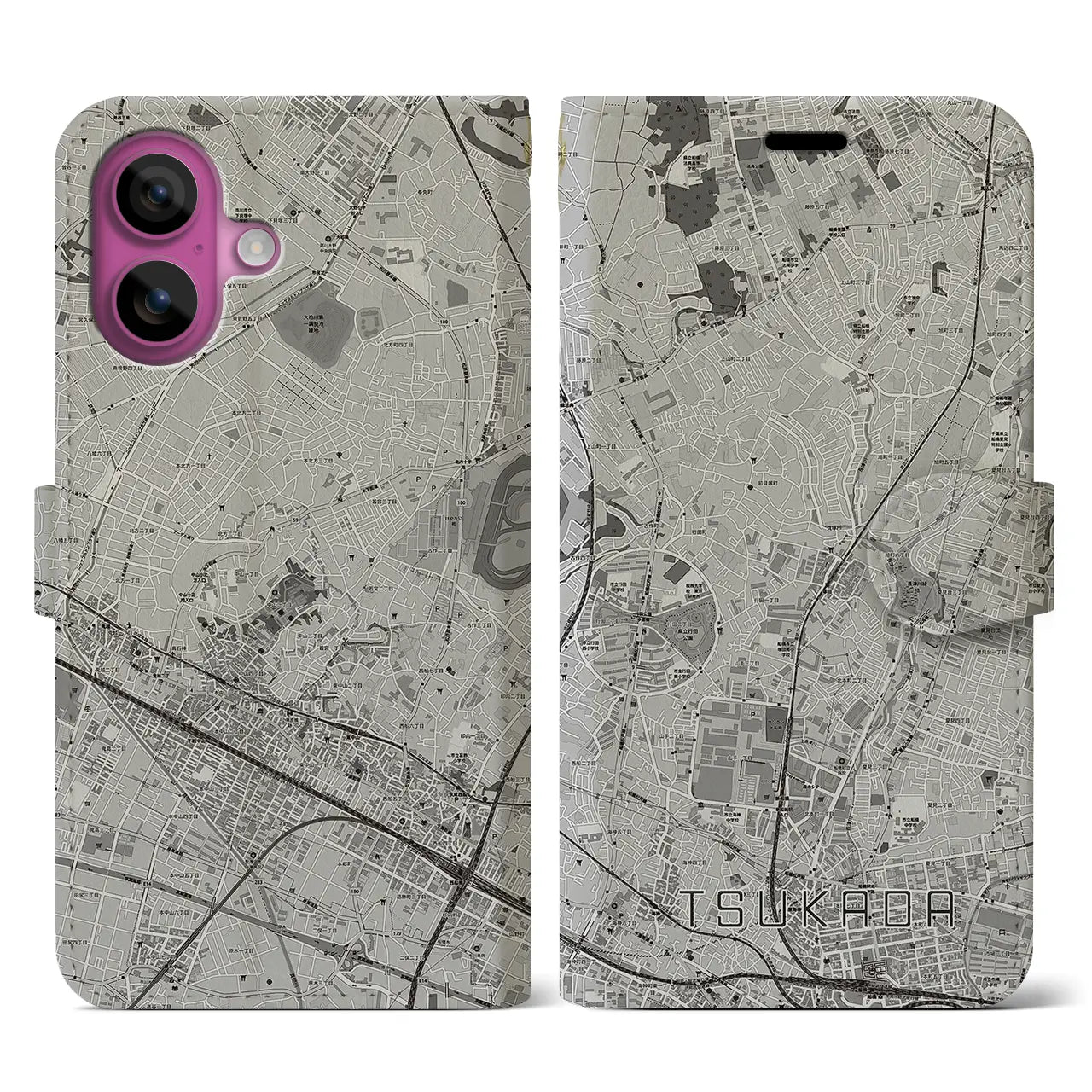 【塚田(千葉県)】地図柄iPhoneケース(手帳タイプ)モノトーン・iPhone 16 Pro 用