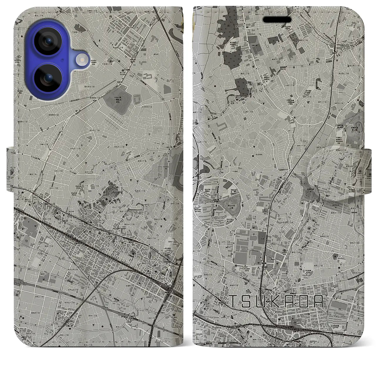 【塚田(千葉県)】地図柄iPhoneケース(手帳タイプ)モノトーン・iPhone 16 Pro Max 用
