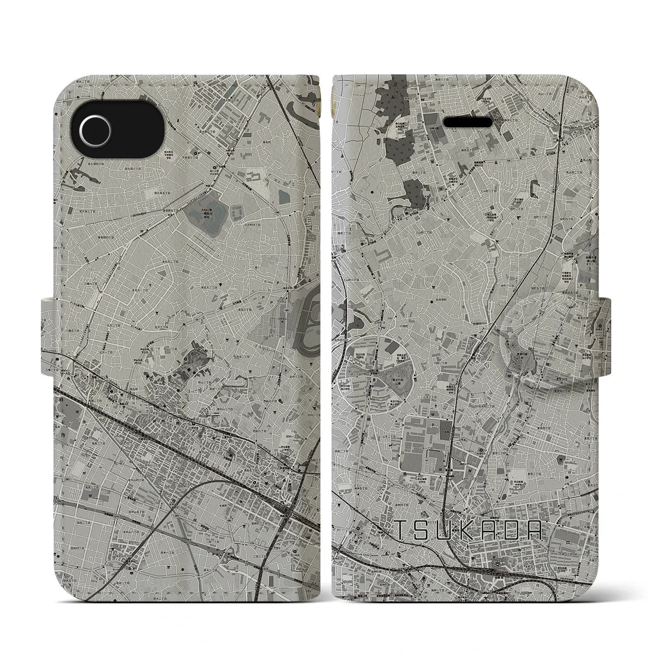 【塚田(千葉県)】地図柄iPhoneケース(手帳タイプ)モノトーン・iPhone SE(第3 / 第2世代) / 8 / 7 / 6s / 6 用