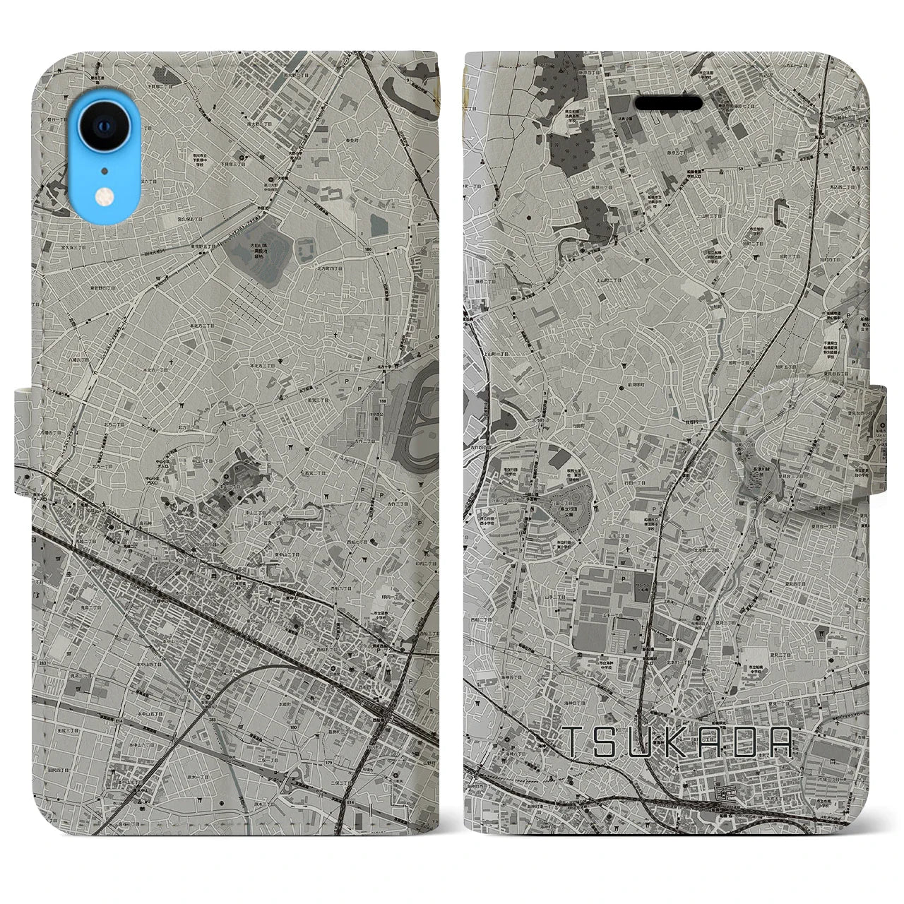 【塚田(千葉県)】地図柄iPhoneケース(手帳タイプ)モノトーン・iPhone XR 用