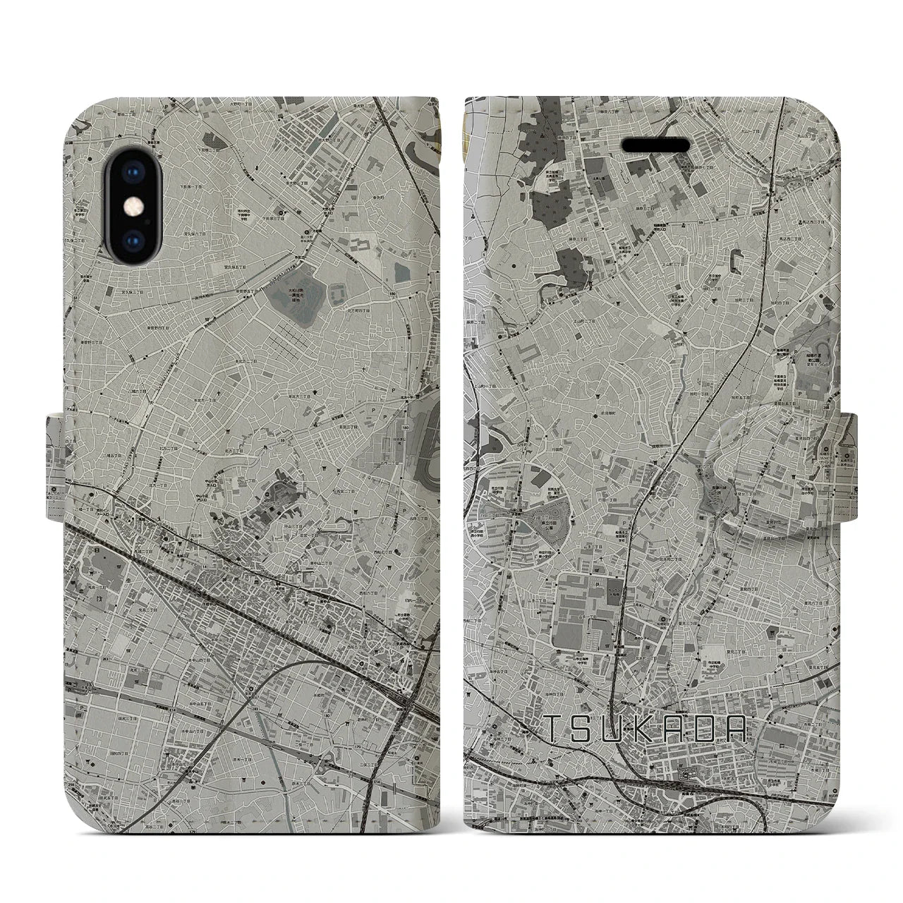 【塚田(千葉県)】地図柄iPhoneケース(手帳タイプ)モノトーン・iPhone XS / X 用