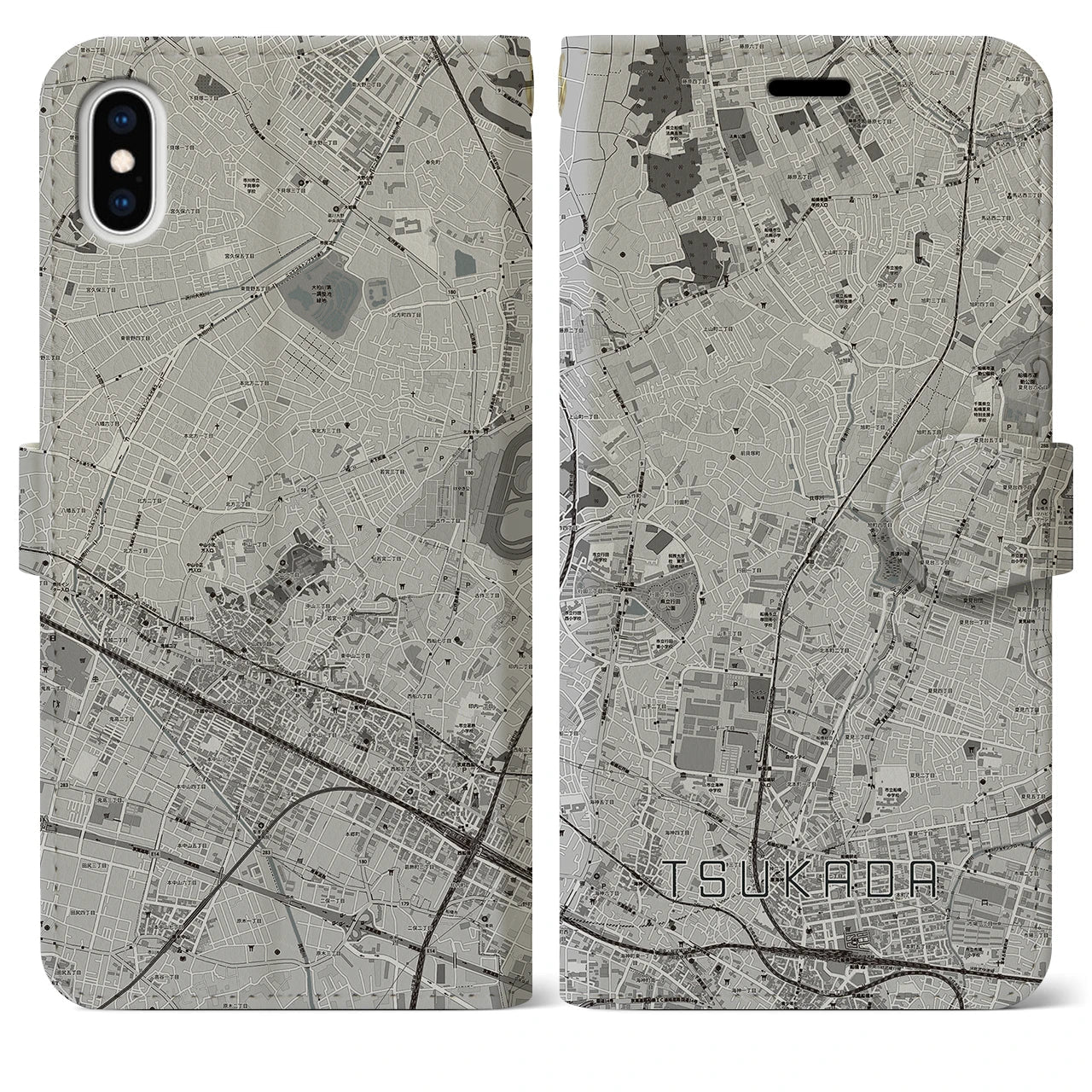 【塚田(千葉県)】地図柄iPhoneケース(手帳タイプ)モノトーン・iPhone XS Max 用
