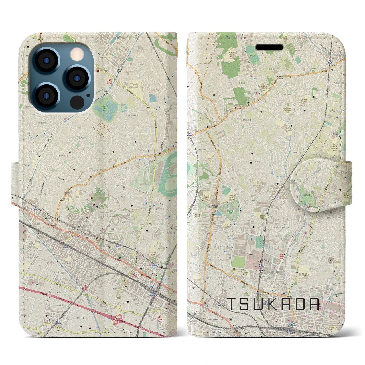【塚田(千葉県)】地図柄iPhoneケース(手帳タイプ)ナチュラル・iPhone 12 / 12 Pro 用