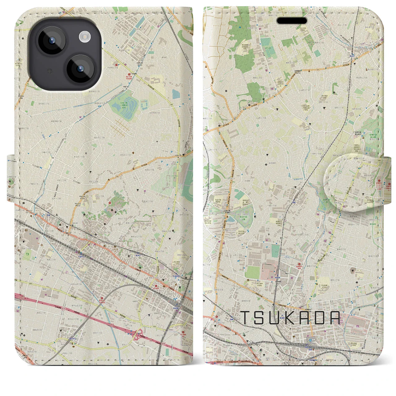 【塚田(千葉県)】地図柄iPhoneケース(手帳タイプ)ナチュラル・iPhone 14 Plus 用