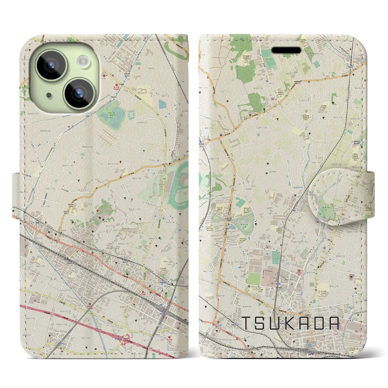 【塚田(千葉県)】地図柄iPhoneケース(手帳タイプ)ナチュラル・iPhone 15 用