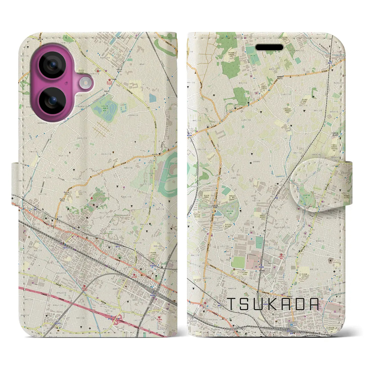 【塚田(千葉県)】地図柄iPhoneケース(手帳タイプ)ナチュラル・iPhone 16 Pro 用