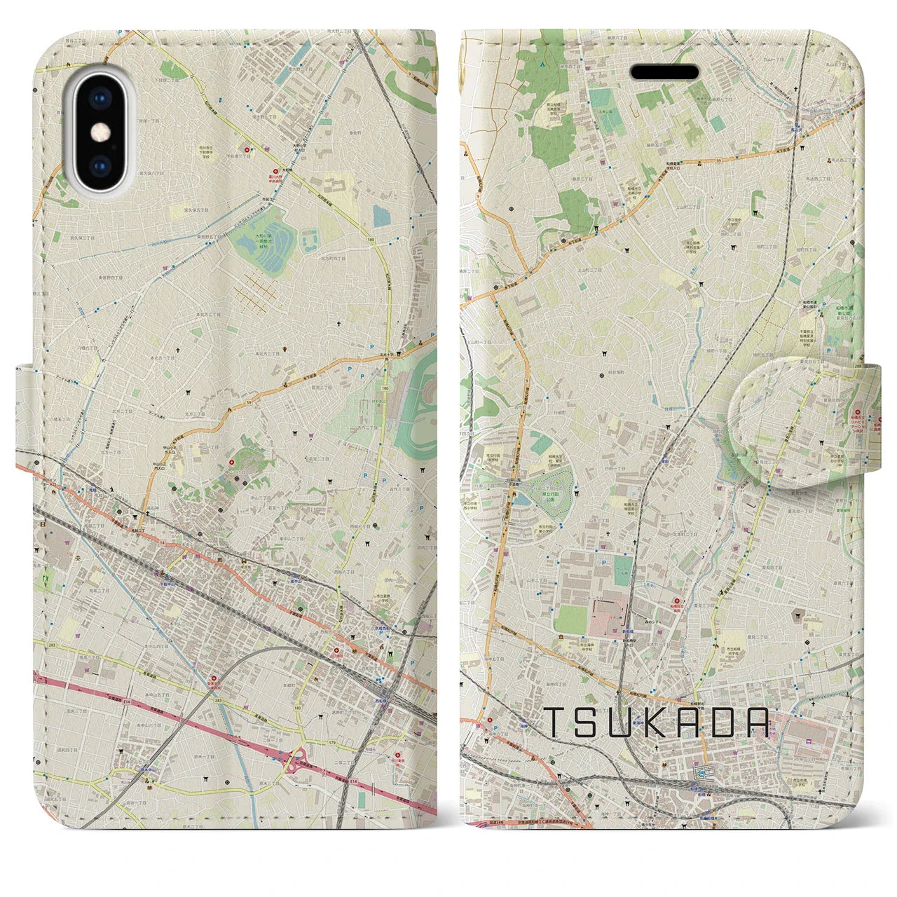 【塚田(千葉県)】地図柄iPhoneケース(手帳タイプ)ナチュラル・iPhone XS Max 用