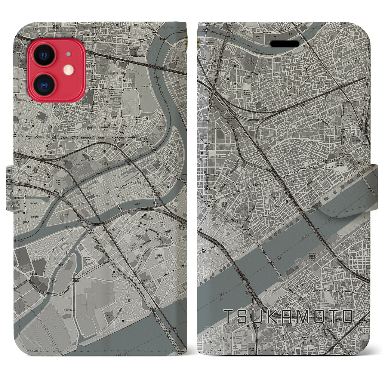 【塚本(大阪府)】地図柄iPhoneケース(手帳タイプ)モノトーン・iPhone 11 用