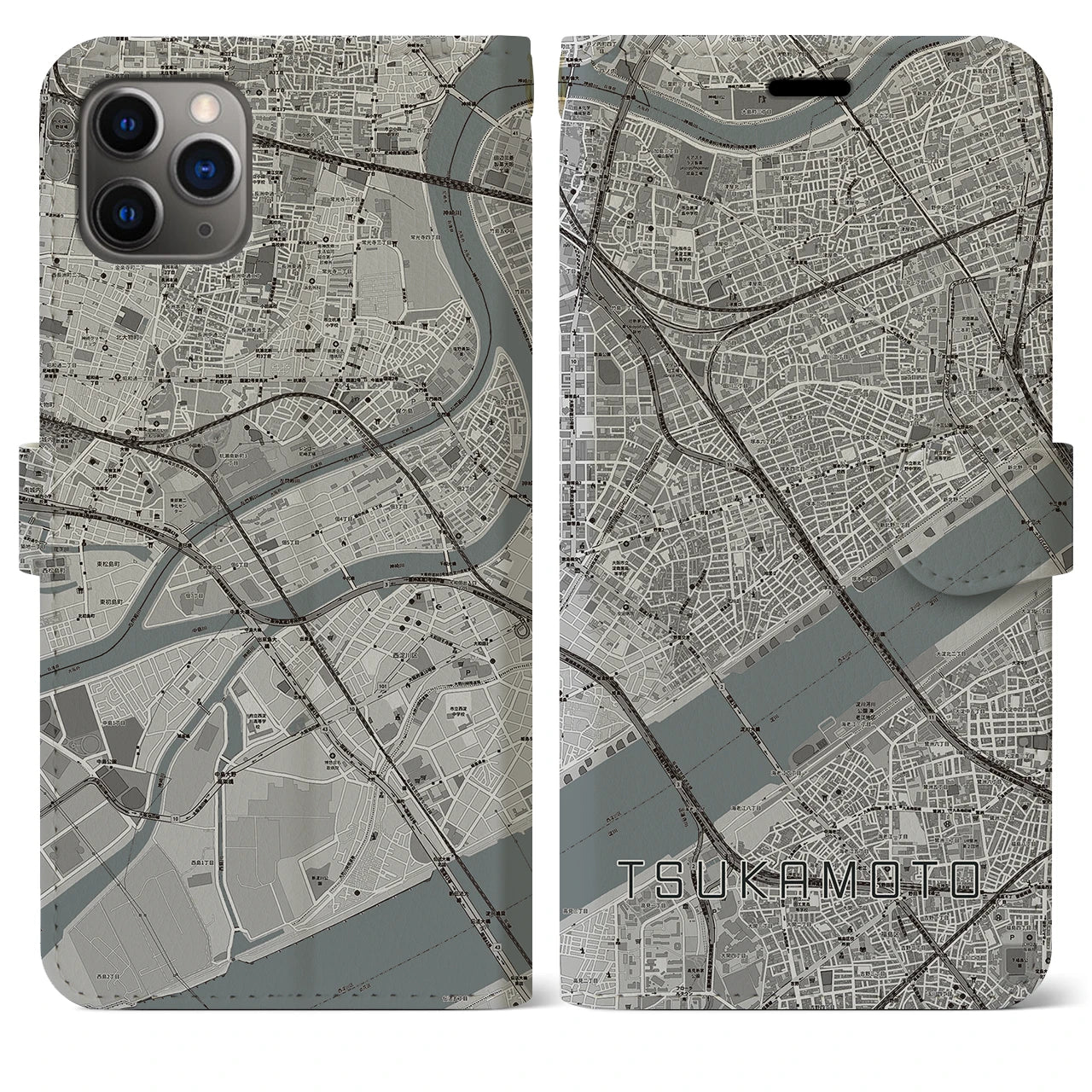 【塚本(大阪府)】地図柄iPhoneケース(手帳タイプ)モノトーン・iPhone 11 Pro Max 用