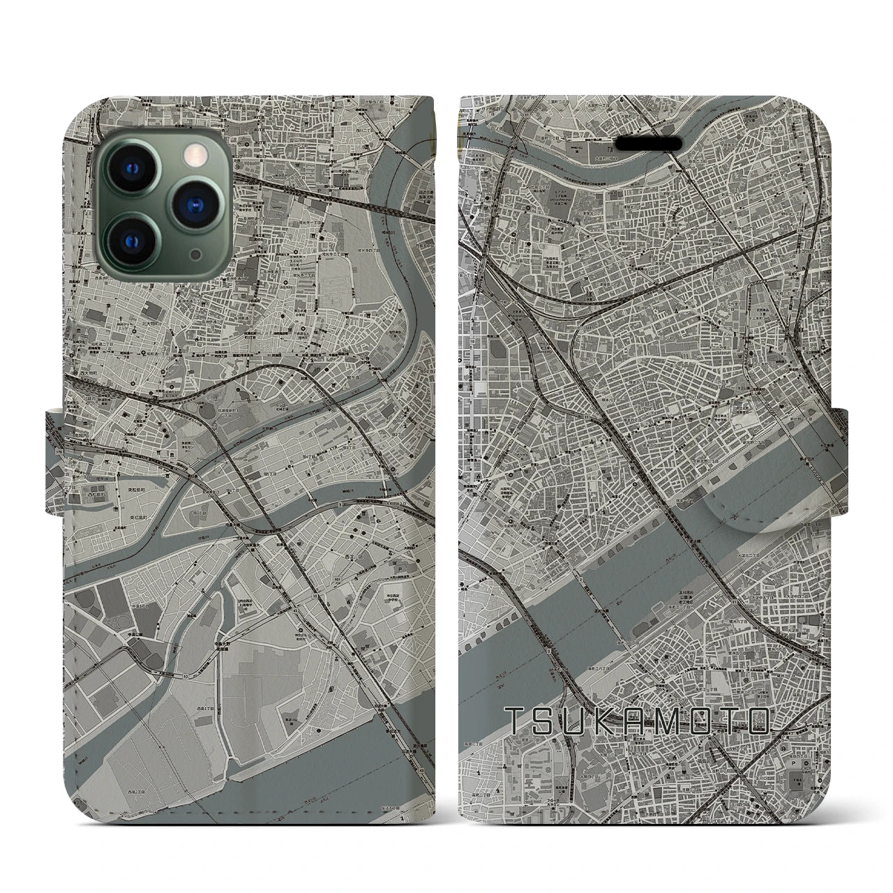 【塚本(大阪府)】地図柄iPhoneケース(手帳タイプ)モノトーン・iPhone 11 Pro 用