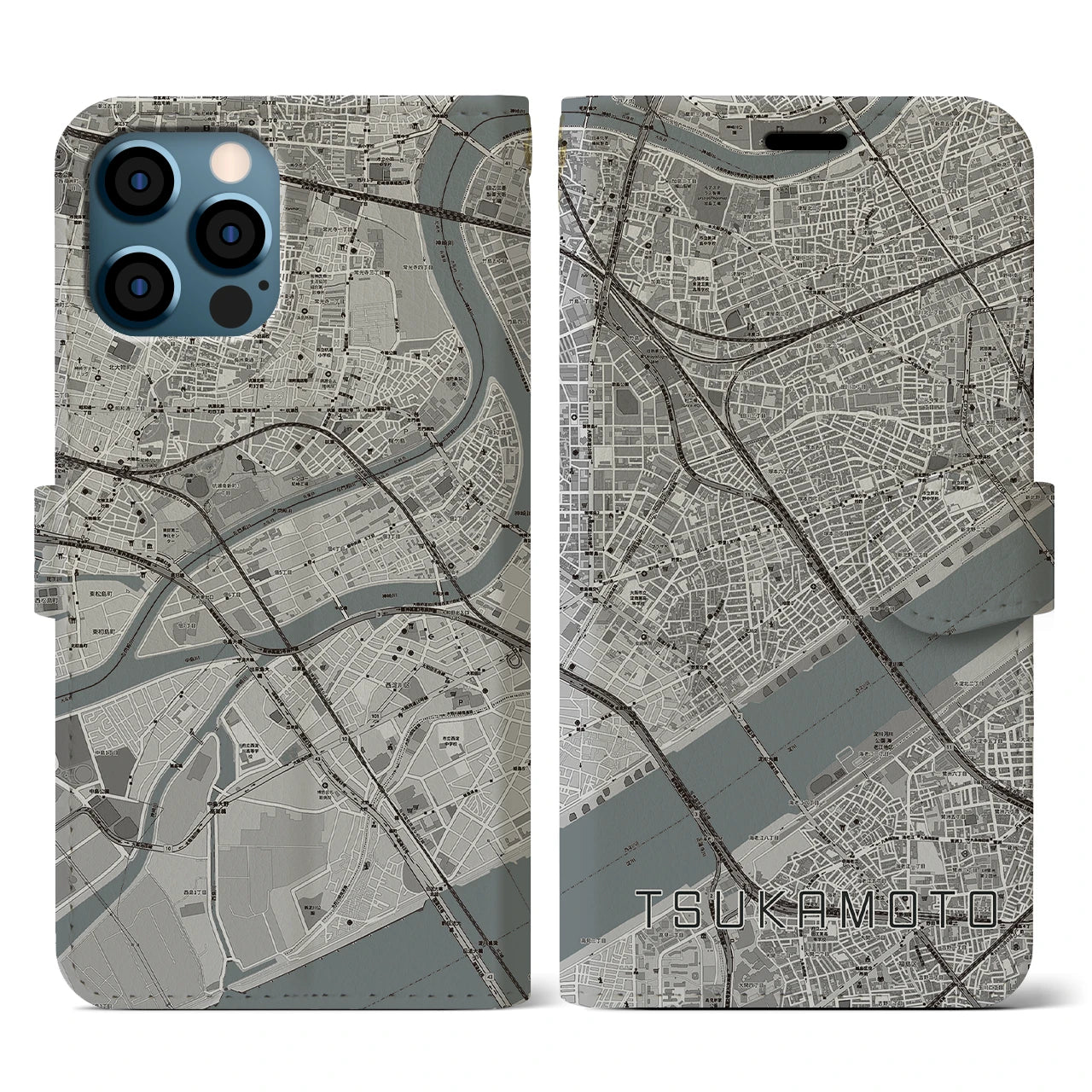 【塚本(大阪府)】地図柄iPhoneケース(手帳タイプ)モノトーン・iPhone 12 / 12 Pro 用