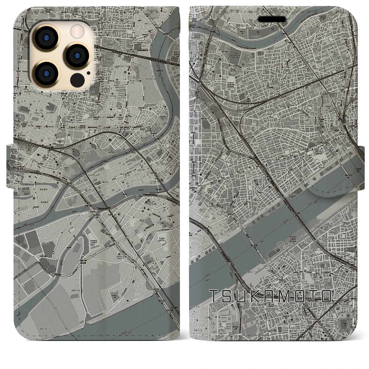 【塚本(大阪府)】地図柄iPhoneケース(手帳タイプ)モノトーン・iPhone 12 Pro Max 用